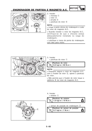 MOTOR
5 - 65
ENGRENAGEM DE PARTIDA E MAGNETO A.C.
2. Instale:
• chaveta 1
• rotor 2
• arruela 3
• parafuso do rotor 4
• Limpe a parte cônica do virabrequim e cubo
do rotor do magneto A.C..
• Quando instalar o rotor do magneto A.C.,
certifique-se de que a chaveta esteja
adequadamente instalada no rasgo do
virabrequim.
• Lubrifique a rosca da ponta do virabrequim
com óleo para motor.
NOTA:
3. Instale:
• parafuso do rotor 1
Parafuso do rotor
6,0 kgf.m ( 60 N.m )
• Enquanto segura o rotor do magneto A.C.
com o fixador de rotor 2, aperte o parafuso
do rotor.
• Não permita que o fixador de rotor toque a
saliência a do rotor do magneto A.C.
NOTA:
4. Instale:
• estator 1
• sensor de posição do virabrequim 2
Parafuso do estator
1,0 kgf.m ( 10 N.m )
Parafuso do sensor de posição
0,7 kgf.m ( 7 N.m )
3
4
21
1
2
a
1
2
 
