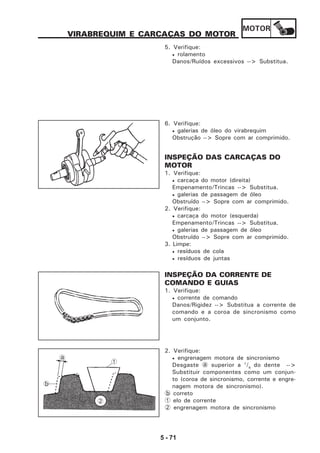 MOTOR
5 - 71
VIRABREQUIM E CARCAÇAS DO MOTOR
5. Verifique:
• rolamento
Danos/Ruídos excessivos --> Substitua.
6. Verifique:
• galerias de óleo do virabrequim
Obstrução --> Sopre com ar comprimido.
INSPEÇÃO DAS CARCAÇAS DO
MOTOR
1. Verifique:
• carcaça do motor (direita)
Empenamento/Trincas --> Substitua.
• galerias de passagem de óleo
Obstruído --> Sopre com ar comprimido.
2. Verifique:
• carcaça do motor (esquerda)
Empenamento/Trincas --> Substitua.
• galerias de passagem de óleo
Obstruído --> Sopre com ar comprimido.
3. Limpe:
• resíduos de cola
• resíduos de juntas
INSPEÇÃO DA CORRENTE DE
COMANDO E GUIAS
1. Verifique:
• corrente de comando
Danos/Rigidez --> Substitua a corrente de
comando e a coroa de sincronismo como
um conjunto.
2. Verifique:
• engrenagem motora de sincronismo
Desgaste a superior a 1
/4
do dente -->
Substituir componentes como um conjun-
to (coroa de sincronismo, corrente e engre-
nagem motora de sincronismo).
b correto
1 elo de corrente
2 engrenagem motora de sincronismo
2
1
b
a
 