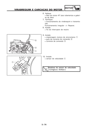 MOTOR
5 - 74
VIRABREQUIM E CARCAÇAS DO MOTOR
6. Aplique
• óleo de motor 4T (aos rolamentos e galeri-
as de óleo)
7. Verifique:
• funcionamento do virabrequim e transmis-
são
Funcionamento irregular --> Reparar.
8. Instale:
• fio do interruptor de neutro
9. Instale:
• engrenagem motora de sincronismo 1
• guia da corrente do comando 2
• corrente de comando 3
10. Instale:
• sensor de velocidade 1
Parafuso do sensor de velocidade
1,0 kgf.m ( 10 N.m )
1
1
3
2
 