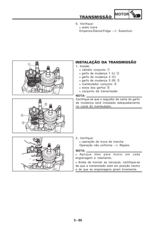 MOTOR
5 - 80
TRANSMISSÃO
• Aplique óleo para motor em cada
engrenagem e rolamento.
• Antes de montar as carcaças, certifique-se
de que a transmissão está em posição neutro
e de que as engrenagens giram livremente.
NOTA:
5. Verifique:
• anéis trava
Empenos/Danos/Folga --> Substituir.
INSTALAÇÃO DA TRANSMISSÃO
1. Instale:
• câmbio conjunto 1
• garfo de mudança 1 (L) 2
• garfo de mudança 2 (C)
• garfo de mudança 3 (R) 3
• trambulador conjunto 4
• eixos dos garfos 5
• conjunto da transmissão
2. Verifique:
• operação de troca de marcha
Operação não uniforme --> Repare.
1
Certifique-se que o seguidor de came do garfo
de mudança está instalado adequadamente
no canal do trambulador.
NOTA:
5
3
2
4
 