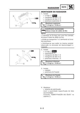 6 - 5
REFRRADIADOR
MONTAGEM DO RADIADOR
1. Instale:
• o-rings 1
• mangueira de óleo 1 2
• mangueira de óleo 2 3
• parafusos superiores 4
Novo
Parafusos superiores
1,0 kgf.m ( 10 N.m )
Lubrificante recomendado
Graxa à base de sabão de lítio
• Lubrifique os O-rings com uma fina camada
de graxa à base de sabão de lítio.
• Instale as mangueiras 1 e 2 alinhando os furos
dos parafusos.
• Certifique-se que estão na mesma posição
observada no processo de desmontagem e
inspeção.
NOTA:
2. Instale:
• o-rings 1
• espaçadores 2
• mangueira de óleo 1 3
• mangueira de óleo 2 4
• parafusos inferiores 5
Novo
3. Instale:
• radiador
• parafusos de fixação
Parafusos de fixação
1,0 kgf.m ( 10 N.m )
Parafusos inferiores
1,0 kgf.m ( 10 N.m )
4. Abasteça:
• sistema de lubrificação
(com a quantidade especificada do óleo
recomendado)
Consulte “SUBSTITUIÇÃO DO ÓLEO” no
capítulo 3.
3
4
1
4
3
2
1Novo
2
5
Novo
 