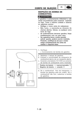 7 - 28
FI
1. Verifique
• funcionamento da bomba de gasolina
a. Abasteça o tanque de gasolina.
b. Coloque a extremidade da mangueira de
combustível dentro de um recipiente aberto.
c. Conectar uma bateria (12 V DC) ao conector
da bomba de combustível como mostrado.
Positivo da bateria --> marrom/vermelho 1
Negativo da bateria --> amarelo 2
d. Se o combustível fluir da mangueira, a
bomba de gasolina está em ordem. Se o
combustível não fluir, substitua a bomba
de gasolina.
CORPO DE INJEÇÃO
INSPEÇÃO DA BOMBA DE
COMBUSTÍVEL
A gasolina é extremamente inflamável e sob
certas circunstâncias pode ocasionar explosão
ou fogo. Tome o máximo cuidado e observe
os seguintes pontos:
• Desligue o motor antes de reabastecer.
• Não fume, e mantenha-se distante de
chamas abertas, faíscas, ou qualquer outra
fonte de fogo.
• Se acidentalmente derramar gasolina, limpe
imediatamente com um pano seco.
• Se a gasolina tocar o motor quando
estiver quente, poderá ocorrer incêndio.
Portanto, certifique-se de que o motor
esteja completamente frio antes de
realizar o seguinte teste:
VVVVVADVERTÊNCIA
G B
Br/R Y
1 2
 