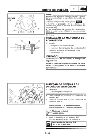 7 - 30
FI
CORPO DE INJEÇÃO
INSTALAÇÃO DA MANGUEIRA DE
COMBUSTÍVEL
1. Instale:
• mangueira de combustível
• conector da mangueira de combustível 1
(aperte e empurre a trava para cima)
• abraçadeira 2
Certifique-se de conectar a mangueira
seguramente.
Instale o conector na posição correta, de outra
forma a mangueira não estará instalada
corretamente.
CUIDADO:
5
3
2
6
41
a
b
A
FRENTE
INSPEÇÃO DO SISTEMA F.D.I.
(AFOGADOR ELETRÔNICO)
1. Verifique:
• FID (afogador eletrônico)
a. Desconecte do chicote o conector do
sistema FID.
b. Conecte o multímetro aos terminais do
conector FID 1.
Ponta positiva --> vermelho/branco
Ponta negativa --> amarelo/vermelho
1
1 2
A Frente
• Ao instalar a bomba de combustível, cuidado
para não danificar a superfície da bomba do
tanque.
• Utilize sempre uma nova gaxeta.
• Alinhe a projeção a do tanque de
combustível com o detalhe b da bomba de
combustível.
• Fixe parafusos da bomba de combustível
com o torque especificado e na sequência
mostrada.
NOTA:
Novo
Multímetro digital
90890-03174
c. Medir a resistência do sistema FID
Fora de especificação --> Substitua.
Resistência do sistema FID
30 ~ 40 ΩΩΩΩΩ em 20ºC
 