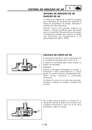 7 - 32
FI
SISTEMA DE INDUÇÃO DE AR
VÁLVULA DE CORTE DE AR
A válvula de corte de ar, evita o retrocesso de
ar da saída de exaustão para o filtro de ar.
O sistema é controlado pelo vácuo gerado no
coletor de admissão.
Operação:
Durante a frenagem prolongada ou quando o
acelerador é solto repentinamente, o vácuo
gerado no venturi torna-se extremamente alto.
Desta forma, acontece a combustão
ineficiente.
A válvula de corte de ar evita este processo,
fechando a palheta ao receber a pressão alta
enviada.
SISTEMA DE INDUÇÃO DE AR
INJEÇÃO DE AR
O sistema de indução de ar queima os gases
não queimados do escapamento injetando ar
fresco (ar secundário) no escape, reduzindo a
emissão de hidrocarbonetos.
Quando houver uma pressão negativa no
escape, a válvula de palheta abre, permitindo
que o ar secundário flua para dentro do escape.
A temperatura exigida para queimar os gases
não queimados do escapamento é de
aproximadamente 600 a 700ºC.
Ao receber baixa pressão na entrada a, a
válvula de corte de ar abre-se em conjunto com
a palheta permitindo o fluxo de ar do filtro
eliminando o gás do escape.
a
 
