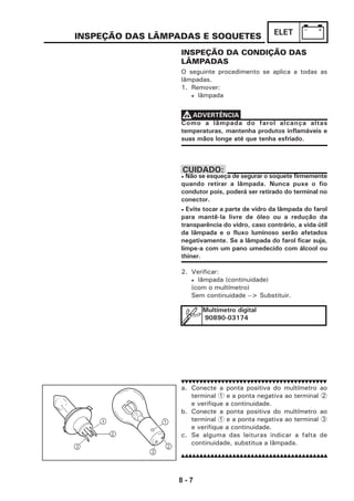 8 - 7
ELETINSPEÇÃO DAS LÂMPADAS E SOQUETES
INSPEÇÃO DA CONDIÇÃO DAS
LÂMPADAS
O seguinte procedimento se aplica a todas as
lâmpadas.
1. Remover:
• lâmpada
Como a lâmpada do farol alcança altas
temperaturas, mantenha produtos inflamáveis e
suas mãos longe até que tenha esfriado.
• Não se esqueça de segurar o soquete firmemente
quando retirar a lâmpada. Nunca puxe o fio
condutor pois, poderá ser retirado do terminal no
conector.
• Evite tocar a parte de vidro da lâmpada do farol
para mantê-la livre de óleo ou a redução da
transparência do vidro, caso contrário, a vida útil
da lâmpada e o fluxo luminoso serão afetados
negativamente. Se a lâmpada do farol ficar suja,
limpe-a com um pano umedecido com álcool ou
thiner.
2. Verificar:
• lâmpada (continuidade)
(com o multímetro)
Sem continuidade --> Substituir.
VVVVVADVERTÊNCIA
CUIDADO:
Multímetro digital
90890-03174
a. Conecte a ponta positiva do multímetro ao
terminal 1 e a ponta negativa ao terminal 2
e verifique a continuidade.
b. Conecte a ponta positiva do multímetro ao
terminal 1 e a ponta negativa ao terminal 3
e verifique a continuidade.
c. Se alguma das leituras indicar a falta de
continuidade, substitua a lâmpada.
 
