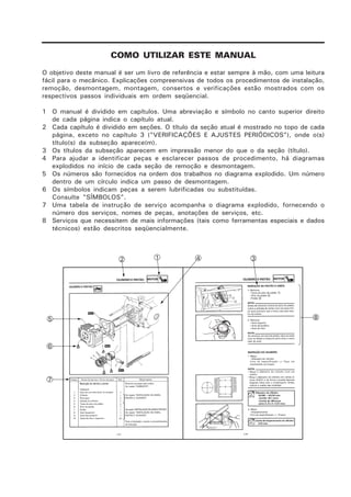 COMO UTILIZAR ESTE MANUAL
O objetivo deste manual é ser um livro de referência e estar sempre à mão, com uma leitura
fácil para o mecânico. Explicações compreensivas de todos os procedimentos de instalação,
remoção, desmontagem, montagem, consertos e verificações estão mostrados com os
respectivos passos individuais em ordem seqüencial.
1 O manual é dividido em capítulos. Uma abreviação e símbolo no canto superior direito
de cada página indica o capítulo atual.
2 Cada capítulo é dividido em seções. O título da seção atual é mostrado no topo de cada
página, exceto no capítulo 3 ("VERIFICAÇÕES E AJUSTES PERIÓDICOS"), onde o(s)
título(s) da subseção aparece(m).
3 Os títulos da subseção aparecem em impressão menor do que o da seção (título).
4 Para ajudar a identificar peças e esclarecer passos de procedimento, há diagramas
explodidos no início de cada seção de remoção e desmontagem.
5 Os números são fornecidos na ordem dos trabalhos no diagrama explodido. Um número
dentro de um círculo indica um passo de desmontagem.
6 Os símbolos indicam peças a serem lubrificadas ou substituídas.
Consulte "SÍMBOLOS".
7 Uma tabela de instrução de serviço acompanha o diagrama explodido, fornecendo o
número dos serviços, nomes de peças, anotações de serviços, etc.
8 Serviços que necessitem de mais informações (tais como ferramentas especiais e dados
técnicos) estão descritos seqüencialmente.
8
12 34
5
6
7
 