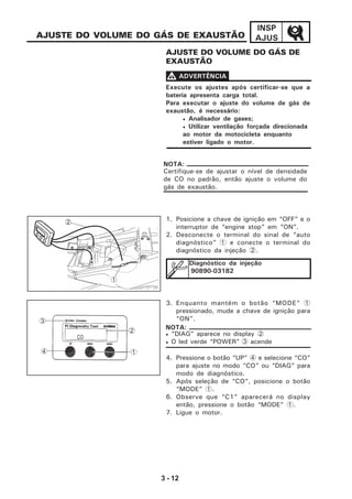 3 - 12
INSP
AJUSAJUSTE DO VOLUME DO GÁS DE EXAUSTÃO
1. Posicione a chave de ignição em “OFF” e o
interruptor de “engine stop” em “ON”.
2. Desconecte o terminal do sinal de “auto
diagnóstico” 1 e conecte o terminal do
diagnóstico da injeção 2.
Certifique-se de ajustar o nível de densidade
de CO no padrão, então ajuste o volume do
gás de exaustão.
NOTA:
Diagnóstico da injeção
90890-03182
• "DlAG" aparece no display 2
• O led verde “POWER” 3 acende
NOTA:
3. Enquanto mantém o botão “MODE” 1
pressionado, mude a chave de ignição para
“ON”.
4. Pressione o botão “UP” 4 e selecione “CO”
para ajuste no modo “CO” ou “DIAG” para
modo de diagnóstico.
5. Após seleção de “CO”, posicione o botão
“MODE” 1.
6. Observe que “C1” aparecerá no display
então, pressione o botão “MODE” 1.
7. Ligue o motor.
1
2
3
4
VVVVV ADVERTÊNCIA
Execute os ajustes após certificar-se que a
bateria apresenta carga total.
Para executar o ajuste do volume de gás de
exaustão, é necessário:
• Analisador de gases;
• Utilizar ventilação forçada direcionada
ao motor da motocicleta enquanto
estiver ligado o motor.
AJUSTE DO VOLUME DO GÁS DE
EXAUSTÃO
2
1
 