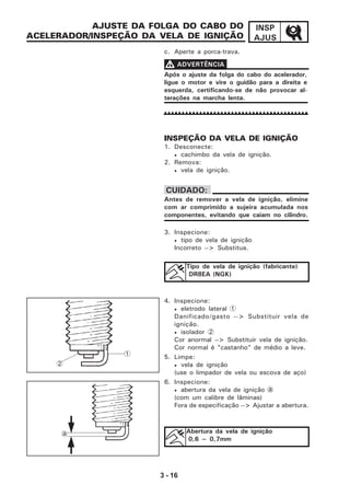 3 - 16
INSP
AJUS
c. Aperte a porca-trava.
IIIIINSPEÇÃO DA VELA DE IGNIÇÃO
1. Desconecte:
• cachimbo da vela de ignição.
2. Remova:
• vela de ignição.
3. Inspecione:
• tipo de vela de ignição
Incorreto --> Substitua.
AJUSTE DA FOLGA DO CABO DO
ACELERADOR/INSPEÇÃO DA VELA DE IGNIÇÃO
4. Inspecione:
• eletrodo lateral 1
Danificado/gasto --> Substituir vela de
ignição.
• isolador 2
Cor anormal --> Substituir vela de ignição.
Cor normal é "castanho" de médio a leve.
5. Limpe:
• vela de ignição
(use o limpador de vela ou escova de aço)
6. Inspecione:
• abertura da vela de ignição a
(com um calibre de lâminas)
Fora de especificação --> Ajustar a abertura.
Após o ajuste da folga do cabo do acelerador,
ligue o motor e vire o guidão para a direita e
esquerda, certificando-se de não provocar al-
terações na marcha lenta.
VVVVV ADVERTÊNCIA
Antes de remover a vela de ignição, elimine
com ar comprimido a sujeira acumulada nos
componentes, evitando que caiam no cilindro.
CUIDADO:
Tipo de vela de ignição (fabricante)
DR8EA (NGK)
Abertura da vela de ignição
0,6 ~ 0,7mm
1
2
a
 