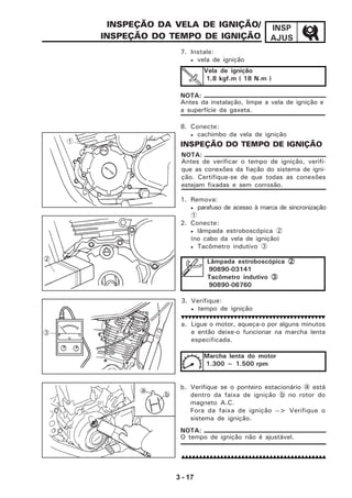 3 - 17
INSP
AJUS
INSPEÇÃO DA VELA DE IGNIÇÃO/
INSPEÇÃO DO TEMPO DE IGNIÇÃO
7. Instale:
• vela de ignição
8. Conecte:
• cachimbo da vela de ignição
INSPEÇÃO DO TEMPO DE IGNIÇÃO
1. Remova:
• parafuso de acesso à marca de sincronização
1
2. Conecte:
• lâmpada estroboscópica 2
(no cabo da vela de ignição)
• Tacômetro indutivo 3
3. Verifique:
• tempo de ignição
a. Ligue o motor, aqueça-o por alguns minutos
e então deixe-o funcionar na marcha lenta
especificada.
b. Verifique se o ponteiro estacionário a está
dentro da faixa de ignição b no rotor do
magneto A.C.
Fora da faixa de ignição --> Verifique o
sistema de ignição.
Vela de ignição
1,8 kgf.m ( 18 N.m )
Antes da instalação, limpe a vela de ignição e
a superfície da gaxeta.
NOTA:
Antes de verificar o tempo de ignição, verifi-
que as conexões da fiação do sistema de igni-
ção. Certifique-se de que todas as conexões
estejam fixadas e sem corrosão.
NOTA:
Lâmpada estroboscópica 22222
90890-03141
Tacômetro indutivo 33333
90890-06760
Marcha lenta do motor
1.300 ~ 1.500 rpm
O tempo de ignição não é ajustável.
NOTA:
1
2
3
b
a
 