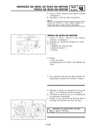 3 - 21
INSP
AJUS
INSPEÇÃO DO NÍVEL DE ÓLEO DO MOTOR/
TROCA DE ÓLEO DO MOTOR
4. Ligue o motor, aqueça-o por alguns minutos
e desligue-o.
5. Verifique o nível do óleo novamente.
a. Remova a tampa do elemento de filtro de
óleo 1 e o elemento de filtro de óleo 2.
b. Verifique os anéis O-ring 3 e substitua-os
se estiverem danificados.
c. Instale o novo elemento de filtro de óleo e
a tampa do elemento de filtro de óleo.
Parafuso da tampa filtro de óleo
1 kgf.m ( 10 N.m )
Antes de verificar o nível, espere alguns mi-
nutos até que o óleo tenha assentado.
NOTA:
TROCA DE ÓLEO DO MOTOR
1. Ligue o motor, aqueça-o por alguns
minutos, e desligue-o.
2. Coloque um recipiente embaixo do motor.
3. Remova:
• Medidor do nível de óleo
• Bujão de dreno 1
• Gaxeta
4. Drene:
• óleo do motor
(completamente do carter e do radiador de
óleo)
5. Se o elemento de filtro de óleo também for
substituído, proceda da maneira a seguir:
1
-2-3-4-5
3
1
2
3
 