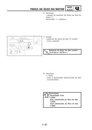 3 - 22
INSP
AJUSTROCA DE ÓLEO DO MOTOR
6. Verifique:
• gaxeta do parafuso de dreno de óleo do
motor 1
Danificada --> substitua.
7. Instale:
• parafuso de dreno do óleo 2 (carter)
(com a gaxeta)
8. Abasteça:
• carter
(com a quantidade especificada de óleo
recomendado)
Quantidade
Quantidade total
1,550L
Sem substituição do filtro de óleo
1,350L
Com substituição do filtro de óleo
1,450L
Parafuso de dreno do óleo (carter)
2,0 kgf.m ( 20 N.m )
1
-2-3-4-5
2
 
