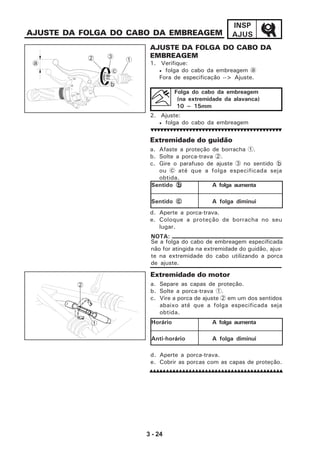 3 - 24
INSP
AJUS
d. Aperte a porca-trava.
e. Coloque a proteção de borracha no seu
lugar.
AJUSTE DA FOLGA DO CABO DA EMBREAGEM
AJUSTE DA FOLGA DO CABO DA
EMBREAGEM
2. Ajuste:
• folga do cabo da embreagem
Extremidade do guidão
a. Afaste a proteção de borracha 1.
b. Solte a porca-trava 2.
c. Gire o parafuso de ajuste 3 no sentido b
ou c até que a folga especificada seja
obtida.
Folga do cabo da embreagem
(na extremidade da alavanca)
10 ~ 15mm
Se a folga do cabo de embreagem especificada
não for atingida na extremidade do guidão, ajus-
te na extremidade do cabo utilizando a porca
de ajuste.
NOTA:
3
a
b
a
b
c
2 3
1
Sentido bbbbb A folga aumenta
Sentido ccccc A folga diminui
Extremidade do motor
a. Separe as capas de proteção.
b. Solte a porca-trava 1.
c. Vire a porca de ajuste 2 em um dos sentidos
abaixo até que a folga especificada seja
obtida.
d. Aperte a porca-trava.
e. Cobrir as porcas com as capas de proteção.
Horário A folga aumenta
Anti-horário A folga diminui
1. Verifique:
• folga do cabo da embreagem a
Fora de especificação --> Ajuste.
2
1
 