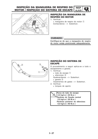 3 - 27
INSP
AJUS
INSPEÇÃO DA MANGUEIRA DE
RESPIRO DO MOTOR
1. Verificar:
• mangueira de respiro do motor 1
Cortes/danos --> Substituir.
Certifique-se de que a mangueira de respiro
do motor esteja posicionada adequadamente.
CUIDADO:
1
INSPEÇÃO DO SISTEMA DE
ESCAPE
O procedimento a seguir aplica-se a todo o
escapamento e gaxeta.
1. Verificar:
• tubo de escape 1
• silencioso 2
Quebras/danos --> Substituir.
• gaxeta 3
Vazamentos de gases --> Substituir.
2. Verificar:
• torques de aperto
2 3
1
Porca do tubo de escape
2,0 kgf.m ( 20 N.m )
Parafuso do fixação central
2,0 kgf.m ( 20 N.m )
Parafuso posterior do silencioso
4,0 kgf.m ( 40 N.m )
INSPEÇÃO DA MANGUEIRA DE RESPIRO DO
MOTOR / INSPEÇÃO DO SISTEMA DE ESCAPE
 
