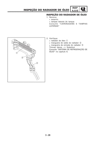 3 - 28
INSP
AJUSINSPEÇÃO DO RADIADOR DE ÓLEO
INSPEÇÃO DO RADIADOR DE ÓLEO
1. Remova:
• assento
• tampas laterais do tanque
Consulte “CARENAGENS E TAMPAS
LATERAIS”
2. Verifique:
• radiador de óleo 1
• mangueira de saída do radiador 2
• mangueira de entrada do radiador 3
Trincas/ danos --> Substituir
Consulte “SISTEMA DE REFRIGERAÇÃO DE
ÓLEO” no capítulo 6.
1
2
3
 