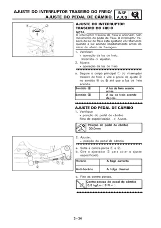 3 - 34
INSP
AJUS
AJUSTE DO PEDAL DE CÂMBIO
1. Verifique
• posição do pedal de câmbio
Fora de especificação --> Ajuste.
AJUSTE DO INTERRUPTOR TRASEIRO DO FREIO/
AJUSTE DO PEDAL DE CÂMBIO
2. Ajuste:
• posição do pedal de câmbio
a. Solte a contra-porca 1 e 2.
b. Gire o ajustador 3 para obter o ajuste
especificado.
c. Fixe as contra porcas.
Contra-porcas do pedal de câmbio
0,8 kgf.m ( 8 N.m )
Posição do pedal de câmbio
30,0mm
Horário A folga aumenta
Anti-horário A folga diminui
1
2
3
1 2
a b
AJUSTE DO INTERRUPTOR
TRASEIRO DO FREIO
O interruptor traseiro de freio é acionado pelo
movimento do pedal de freio. O interruptor tra-
seiro da luz de freio está ajustado corretamente
quando a luz acende imediatamente antes do
início do efeito de frenagem.
NOTA:
1. Verificar:
• operação da luz de freio.
Incorreta--> Ajustar.
2. Ajuste:
• operação da luz do freio
a. Segure o corpo principal 1 do interruptor
traseiro de freio e vire a porca de ajuste 2
no sentido a ou b até que a luz de freio
acenda.
Sentido aaaaa A luz de freio acende
antes.
Sentido bbbbb A luz de freio acende
depois.
 