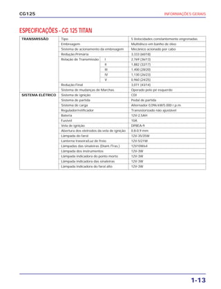 INFORMAÇÕES GERAIS
1-13
CG125
TRANSMISSÃO Tipo 5 Velocidades constantemente engrenadas
Embreagem Multidisco em banho de óleo
Sistema de acionamento da embreagem Mecânico acionado por cabo
Redução Primária 3,333 (60/18)
Relação de Transmissão I 2,769 (36/13)
II 1,882 (32/17)
III 1,400 (28/20)
IV 1,130 (26/23)
V 0,960 (24/25)
Redução Final 3,071 (43/14)
Sistema de mudanças de Marchas Operado pelo pé esquerdo
SISTEMA ELÉTRICO Sistema de ignição CDI
Sistema de partida Pedal de partida
Sistema de carga Alternador 0,096 kW/5.000 r.p.m.
Regulador/retificador Transistorizado não ajustável
Bateria 12V-2,5AH
Fusível 10A
Vela de ignição DP8EA-9
Abertura dos eletrodos da vela de ignição 0,8-0,9 mm
Lâmpada do farol 12V-35/35W
Lanterna traseira/Luz de freio 12V-5/21W
Lâmpadas das sinaleiras (Diant./Tras.) 12V10Wx4
Lâmpada dos instrumentos 12V-3W
Lâmpada indicadora do ponto morto 12V-3W
Lâmpada indicadora das sinaleiras 12V-3W
Lâmpada indicadora do farol alto 12V-3W
ESPECIFICAÇÕES - CG 125 TITAN
 