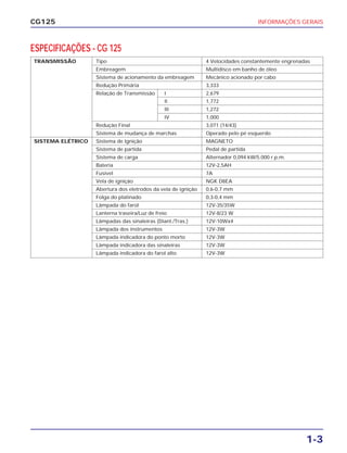INFORMAÇÕES GERAIS
1-3
CG125
TRANSMISSÃO Tipo 4 Velocidades constantemente engrenadas
Embreagem Multidisco em banho de óleo
Sistema de acionamento da embreagem Mecânico acionado por cabo
Redução Primária 3,333
Relação de Transmissão I 2,679
II 1,772
III 1,272
IV 1,000
Redução Final 3,071 (14/43)
Sistema de mudança de marchas Operado pelo pé esquerdo
SISTEMA ELÉTRICO Sistema de Ignição MAGNETO
Sistema de partida Pedal de partida
Sistema de carga Alternador 0,094 kW/5.000 r.p.m.
Bateria 12V-2,5AH
Fusível 7A
Vela de ignição NGK D8EA
Abertura dos eletrodos da vela de ignição 0,6-0,7 mm
Folga do platinado 0,3-0,4 mm
Lâmpada do farol 12V-35/35W
Lanterna traseira/Luz de freio 12V-8/23 W
Lâmpadas das sinaleiras (Diant./Tras.) 12V-10Wx4
Lâmpada dos instrumentos 12V-3W
Lâmpada indicadora do ponto morto 12V-3W
Lâmpada indicadora das sinaleiras 12V-3W
Lâmpada indicadora do farol alto 12V-3W
ESPECIFICAÇÕES - CG 125
 