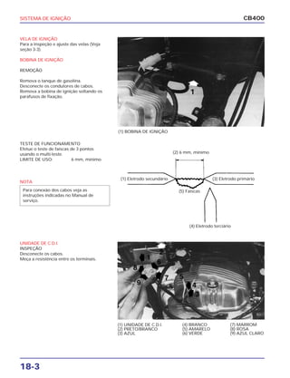 SISTEMA DE IGNIÇÃO
18-3
CB400
VELA DE IGNIÇÃO
Para a inspeção e ajuste das velas (Veja
seção 3-3).
BOBINA DE IGNIÇÃO
REMOÇÃO
Remova o tanque de gasolina.
Desconecte os condutores de cabos.
Remova a bobina de ignição soltando os
parafusos de fixação.
TESTE DE FUNCIONAMENTO
Efetue o teste de faíscas de 3 pontos
usando o multi-teste.
LIMITE DE USO: 6 mm, mínimo
UNIDADE DE C.D.I.
INSPEÇÃO
Desconecte os cabos.
Meça a resistência entre os terminais.
(1) BOBINA DE IGNIÇÃO
NOTA
Para conexão dos cabos veja as
instruções indicadas no Manual de
serviço.
(2) 6 mm, mínimo
(5) Faíscas
(1) Eletrodo secundário (3) Eletrodo primário
(4) Eletrodo terciário
(1) UNIDADE DE C.D.I.
(2) PRETO/BRANCO
(3) AZUL
(4) BRANCO
(5) AMARELO
(6) VERDE
(7) MARROM
(8) ROSA
(9) AZUL CLARO
 
