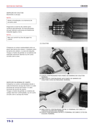 MOTOR DE PARTIDA
19-3
CB400
INSPEÇÃO DO COLETOR
Desmonte a carcaça.
Inspecione as barras do coletor para
verificar descoloração. As descolorações
em par indicam a presença de bobina do
induzido ligado a terra.
Comprove se existe continuidade entre os
pares das barras do coletor, e também entre
as barras do coletor, e o eixo do induzido.
Troque o motor de partida se as bobinas do
induzido estiverem abertas ou em curto-
circuito com o eixo.
INSPEÇÃO DA BOBINA DE CAMPO
Comprove se existe continuidade desde o
cabo terminal da carcaça do motor e o cabo
terminal da carcaça do motor e o cabo
terminal da escova de arame.
Troque o motor de partida se a bobina de
campo não tiver continuidade, ou em curto-
circuito com a carcaça do motor.
(1) COLETOR
(1) NÃO EXISTE CONTINUIDADE ENTRE O TERMINAL DO CABO E A
CARCAÇA DO MOTOR: NORMAL
(2) EXISTE CONTINUIDADE ENTRE O TERMINAL DO CABO E O FIO DA
ESCOVA: NORMAL
(1) EXISTE CONTINUIDADE NOS PARES DE BARRAS DO COLETOR:
NORMAL
(2) NÃO EXISTE CONTINUIDADE NOS PARES DE BARRAS DO
COLETOR E EIXO DO INDUZIDO: NORMAL
NOTA
Anote a localização e os números de
arruelas axial.
NOTA
Não use esmeril ou lixa de papel no
coletor.
 
