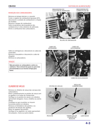 SISTEMA DE ALIMENTAÇÃO
4-3
CB450
REMOÇÃO DOS CARBURADORES
Remova as tampas laterais e o assento.
Feche o registro de combustível (posição OFF),
desconecte o conduto de combustível e a fiação
do medidor.
Remova o tanque de combustível.
Solte os parafusos das braçadeiras dos
condutos de ar e dos coletores de admissão.
Drene o combustível dos carburadores.
Solte as contraporcas e desconecte os cabos do
acelerador.
Remova a braçadeira e desconecte o cabo do
afogador.
Remova os carburadores.
CILINDRO DE VÁCUO
Remova os cilindros de vácuo das carcaças dos
carburadores.
Retire cuidadosamente os pistões de vácuo com
as agulhas e as molas de compressão.
Verifique se os pistões de vácuo e os cilindros
apresentam desgaste, riscos, entalhes ou outros
danos.
Certifique-se que os pistões se movem
livremente dentro os cilindros.
Remova os limitadores dos pistões e os
parafusos de fixação das agulhas.
Retire as agulhas dos pistões.
Verifique se as agulhas e as sedes apresentam
incrustações, riscos ou outros danos.
BUJÃO DE DRENAGEM
CABO DO
ACELERADOR
CABO DO
AFOGADOR
CABO DO ACELERADOR
MOLA DE
COMPRESSÃOPISTÃO DE VÁCUO
BRAÇADEIRA DO
CONDUTO DE AR
BRAÇADEIRA DO
COLETOR DE ADMISSÃO
LIMITADORPARAFUSO DE
FIXAÇÃO DA
AGULHA
AGULHA
a
Não pressione os carburadores contra os
coletores. Para removê-los puxe-os para trás
pressionando-os ao mesmo tempo para
baixo.
 