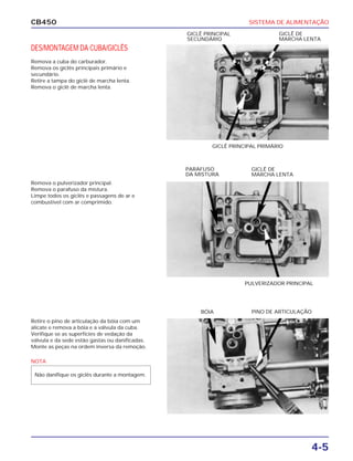 SISTEMA DE ALIMENTAÇÃO
4-5
CB450
DES/MONTAGEM DA CUBA/GICLÊS
Remova a cuba do carburador.
Remova os giclês principais primário e
secundário.
Retire a tampa do giclê de marcha lenta.
Remova o giclê de marcha lenta.
Remova o pulverizador principal.
Remova o parafuso da mistura.
Limpe todos os giclês e passagens de ar e
combustível com ar comprimido.
Retire o pino de articulação da bóia com um
alicate e remova a bóia e a válvula da cuba.
Verifique se as superfícies de vedação da
válvula e da sede estão gastas ou danificadas.
Monte as peças na ordem inversa da remoção.
GICLÊ PRINCIPAL PRIMÁRIO
GICLÊ DE
MARCHA LENTA
PARAFUSO
DA MISTURA
PULVERIZADOR PRINCIPAL
PINO DE ARTICULAÇÃOBÓIA
GICLÊ DE
MARCHA LENTA
GICLÊ PRINCIPAL
SECUNDÁRIO
NOTA
Não danifique os giclês durante a montagem.
 