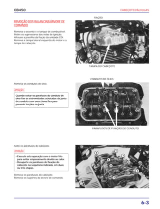 CABEÇOTE/VÁLVULAS
6-3
CB450
REMOÇÃO DOS BALANCINS/ÁRVORE DE
COMANDO
Remova o assento e o tanque de combustível.
Retire os supressores das velas de ignição.
Afrouxe a presilha da fiação da unidade CDI.
Remova a tampa lateral esquerda do motor e a
tampa do cabeçote.
Remova os condutos de óleo.
Solte os parafusos do cabeçote.
Remova os parafusos do cabeçote.
Remova os suportes da árvore de comando.
TAMPA DO CABEÇOTE
CONDUTO DE ÓLEO
PARAFUSOS DE FIXAÇÃO DO CONDUTO
FIAÇÃO
a
Quando soltar os parafusos do conduto de
óleo fixe as extremidades achatadas da junta
do conduto com uma chave fixa para
prevenir torções na junta.
a
• Execute esta operação com o motor frio
para evitar empenamento devido ao calor.
• Desaperte os parafusos de fixação do
cabeçote na seqüência indicada, em duas
ou três etapas.
 