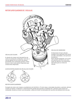 CARACTERÍSTICAS TÉCNICAS
20-4
CB450
VÁLVULA DE ADMISSÃO
A disposição de duas válvulas
assegura uma aspiração mais eficaz
em altas velocidades, sem provocar
turbulência.
Duas válvulas pequenas, em vez de
uma grande, permitem uma área
maior de abertura com baixa força
alternativa para as molas da
válvula.
MOTOR SUPER QUADRADO DE 3 VÁLVULAS
VÁLVULA DE ESCAPE
A válvula de escape está colocada fora do
centro na câmara de combustão. Com isto, a
vela de ignição fica no centro da câmara,
permitindo uma combustão perfeita. O fácil
acesso à vela é outro ponto importante que
resulta desta disposição.
MOTOR SUPER QUADRADO
O projeto do motor com relação curso/diâmetro de 0,68 (50,6 x 75 mm) reduz a velocidade do pistão e, portanto, diminui
o atrito ao mínimo. O diâmetro é suficientemente grande para permitir a instalação de 3 válvulas numa câmara de
combustão. Devido ao menor curso do pistão, a altura do motor foi diminuída sem sacrifício da distância livre do solo.
(3) DESCENTRALIZAÇÃO DA VÁLVULA DE ESCAPE
 