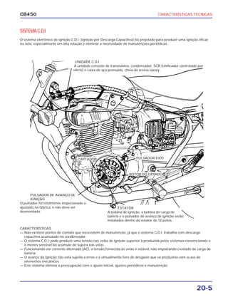 CARACTERÍSTICAS TÉCNICAS
20-5
CB450
SISTEMA C.D.I
O sistema eletrônico de ignição C.D.I. (Ignição por Descarga Capacitiva) foi projetado para produzir uma ignição eficaz
na vela, especialmente em alta rotação e eliminar a necessidade de manutenções periódicas.
CARACTERÍSTICAS
— Não existem pontos de contato que necessitem de manutenção, já que o sistema C.D.I. trabalha com descarga
capacitiva acumulada no condensador.
— O sistema C.D.I. pode produzir uma tensão nas velas de ignição superior à produzida pelos sistemas convencionais e
é menos sensível ao acúmulo de sujeira nas velas.
— Funcionando em corrente alternada (AC), a tensão fornecida às velas é estável, não importando o estado de carga da
bateria.
— O avanço da ignição não está sujeito a erros e é virtualmente livre de desgaste que se produziria com o uso de
elementos mecânicos.
— Este sistema elimina a preocupação com o ajuste inicial, ajustes periódicos e manutenção.
ESTATOR
A bobina de ignição, a bobina de carga de
bateria e o pulsador de avanço de ignição estão
instalados dentro do estator de 12 polos.
UNIDADE C.D.I.
A unidade consiste de transistores, condensador, SCR (retificador controlado por
silício) e caixa de aço prensado, cheia de resina epoxy.
PULSADOR DE AVANÇO DE
IGNIÇÃO
O pulsador foi totalmente inspecionado e
ajustado na fábrica, e não deve ser
desmontado.
CAPTADOR PULSADOR FIXO
ROTOR DO GERADOR
 