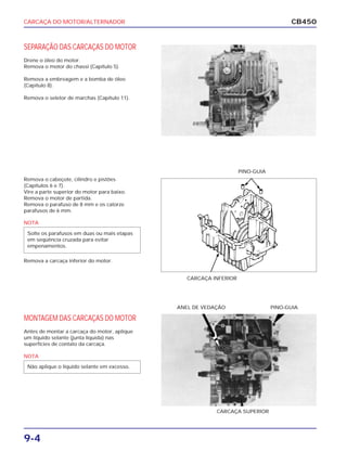 CARCAÇA DO MOTOR/ALTERNADOR
9-4
CB450
SEPARAÇÃO DAS CARCAÇAS DO MOTOR
Drene o óleo do motor.
Remova o motor do chassi (Capítulo 5).
Remova a embreagem e a bomba de óleo
(Capítulo 8).
Remova o seletor de marchas (Capítulo 11).
Remova o cabeçote, cilindro e pistões
(Capítulos 6 e 7).
Vire a parte superior do motor para baixo.
Remova o motor de partida.
Remova o parafuso de 8 mm e os catorze
parafusos de 6 mm.
Remova a carcaça inferior do motor.
MONTAGEM DAS CARCAÇAS DO MOTOR
Antes de montar a carcaça do motor, aplique
um líquido selante (junta líquida) nas
superfícies de contato da carcaça.
PINO-GUIA
CARCAÇA INFERIOR
PINO-GUIAANEL DE VEDAÇÃO
CARCAÇA SUPERIOR
NOTA
Solte os parafusos em duas ou mais etapas
em seqüência cruzada para evitar
empenamentos.
NOTA
Não aplique o líquido selante em excesso.
 