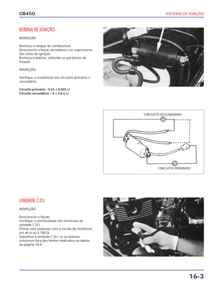 SISTEMA DE IGNIÇÃO
16-3
CB450
BOBINA DE IGNIÇÃO
REMOÇÃO
Remova o tanque de combustível.
Desconecte a fiação da bobina e os supressores
das velas de ignição.
Remova a bobina, soltando os parafusos de
fixação.
INSPEÇÃO
Verifique a resistência nos circuitos primário e
secundário.
Circuito primário - 0,55 ± 0,055 Ω
Circuito secundário – 8 ± 0,8 k Ω
UNIDADE C.D.I.
INSPEÇÃO
Desconecte a fiação.
Verifique a continuidade nos terminais da
unidade C.D.I.
Efetue esta inspeção com a escala do multiteste
em xk Ω ou x 100 Ω.
Substitua a unidade C.D.I. se as leituras
estiverem fora dos limites indicados na tabela
da página 16-4.
CIRCUITO SECUNDÁRIO
CIRCUITO PRIMÁRIO
 