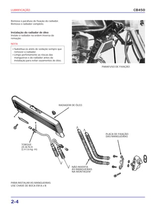 LUBRIFICAÇÃO
2-4
CB450
Remova o parafuso de fixação do radiador.
Remova o radiador completo.
Instalação do radiador de óleo
Instale o radiador na ordem inversa da
remoção.
PARAFUSO DE FIXAÇÃO
NOTA
• Substitua os anéis de vedação sempre que
remover o radiador.
• Limpe perfeitamente as rôscas das
mangueiras e do radiador antes da
instalação para evitar vazamentos de óleo.
RADIADOR DE ÓLEO
PLACA DE FIXAÇÃO
DAS MANGUEIRAS
NÃO INVERTA
AS MANGUEIRAS
NA MONTAGEM
TORQUE:
24-36 N.m
(2,4-3,6 kg. m)
PARA INSTALAR AS MANGUEIRAS
USE CHAVE DE BOCA EM A e B
 
