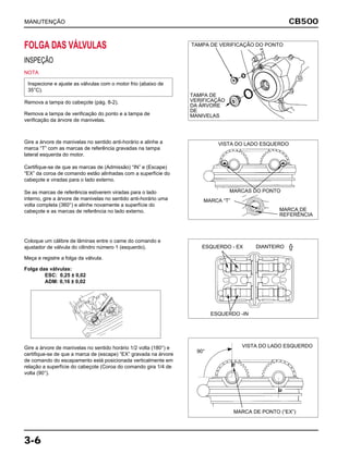 CB500
3-6
FOLGA DAS VÁLVULAS
INSPEÇÃO
NOTA
Remova a tampa do cabeçote (pág. 8-2).
Remova a tampa de verificação do ponto e a tampa de
verificação da árvore de manivelas.
Inspecione e ajuste as válvulas com o motor frio (abaixo de
35°C).
Gire a árvore de manivelas no sentido anti-horário e alinhe a
marca “T” com as marcas de referência gravadas na tampa
lateral esquerda do motor.
Certifique-se de que as marcas de (Admissão) “IN” e (Escape)
“EX” da coroa de comando estão alinhadas com a superfície do
cabeçote e viradas para o lado externo.
Se as marcas de referência estiverem viradas para o lado
interno, gire a árvore de manivelas no sentido anti-horário uma
volta completa (360°) e alinhe novamente a superfície do
cabeçote e as marcas de referência no lado externo.
Coloque um cálibre de lâminas entre o came do comando e
ajustador de válvula do cilindro número 1 (esquerdo).
Meça e registre a folga da válvula.
Folga das válvulas:
ESC: 0,25 ± 0,02
ADM: 0,16 ± 0,02
Gire a árvore de manivelas no sentido horário 1/2 volta (180°) e
certifique-se de que a marca de (escape) “EX” gravada na árvore
de comando do escapamento está posicionada verticalmente em
relação a superfície do cabeçote (Coroa do comando gira 1/4 de
volta (90°).
MANUTENÇÃO
TAMPA DE VERIFICAÇÃO DO PONTO
TAMPA DE
VERIFICAÇÃO
DA ÁRVORE
DE
MANIVELAS
MARCAS DO PONTO
VISTA DO LADO ESQUERDO
MARCA “T”
MARCA DE
REFERÊNCIA
ESQUERDO - EX
ESQUERDO -IN
MARCA DE PONTO (“EX”)
VISTA DO LADO ESQUERDO
DIANTEIRO
90°
 