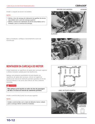 CBR600F
10-12
Instale o conjunto da árvore secundária.
NOTA
• Alinhe o furo da carcaça do rolamento de agulhas da árvore
secundária com o pino da carcaça superior.
• Alinhe a ranhura do rolamento da árvore secundária com o
limitador, pino e a ranhura da carcaça.
Após a instalação, verifique o funcionamento suave da
transmissão.
MONTAGEM DA CARCAÇA DO MOTOR
Limpe totalmente as superfícies de apoio das carcaças superior
e inferior tomando cuidado para não danificá-las.
Aplique uma pequena quantidade de junta líquida nas
superfícies de apoio das carcaças, exceto na regiãol do
parafuso do mancal do rolamento primário (parafuso 8 mm da
carcaça inferior) e nas áreas dos orifícios de óleo conforme
mostrado.
c
Não aplique junta líquida ao redor da área de passagem
de óleo e na área do mancal do rolamento primário.
Instale o anel de óleo (curto) na carcaça superior.
NOTA
Instale o anel de óleo com o lado de diâmetro menor voltado
para a carcaça inferior conforme mostrado.
CARCAÇA DO MOTOR/TRANSMISSÃO
ÁRVORE SECUNDÁRIA ALINHAR
ALINHAR
ANEL DE ÓLEO (CURTO)
CARCAÇA
INFERIOR
 
