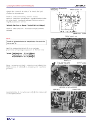 CBR600F
10-14
Aplique óleo nas roscas do parafuso do mancal principal e
superfície de assentamento.
Instale os parafusos da carcaça inferior e arruelas.
Aperte os parafusos 8 mm da carcaça inferior de forma cruzada
em várias etapas, começando pelos parafusos internos e em
seguida, os parafusos externos.
TORQUE: Parafuso do Mancal Principal: 26 N.m (2,6 kg.m)
Instale os outros parafusos e arruelas de vedação conforme
mostrado.
NOTA
Aperte os parafusos da carcaça de forma cruzada e
progressiva, começando pelos parafusos de diâmetro maior.
Torque: Parafuso 6 mm: 12 N.m (1,2 kg.m)
Parafuso 8 mm: 24 N.m (2,4 kg.m)
Parafuso 10 mm: 40 N.m (4,0 kg.m)
Instale as arruelas de vedação nos parafusos indicados com
as marcas “⌬”.
Limpe o sensor de velocidade e instale o anel de vedação novo.
Instale o sensor de velocidade na carcaça superior e aperte os
parafusos.
Acople o terminal do interruptor de pressão de óleo e o conector
do interruptor do neutro.
CARCAÇA DO MOTOR/TRANSMISSÃO
PARAFUSO, 6 mm
PARAFUSO DO MANCAL
PRINCIPAL
ARRUELA
ANEL DE VEDAÇÃO PARAFUSOS
PARAFUSO, 10 mm
PARAFUSO, 8 mm
SENSOR DE VELOCIDADE
TERMINAL CONECTOR
NOVA
 
