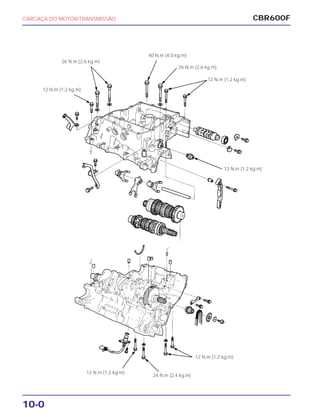 CBR600FCARCAÇA DO MOTOR/TRANSMISSÃO
10-0
26 N.m (2,6 kg.m)
26 N.m (2,6 kg.m)
12 N.m (1,2 kg.m)
12 N.m (1,2 kg.m)
12 N.m (1,2 kg.m)
12 N.m (1,2 kg.m)
12 N.m (1,2 kg.m)
24 N.m (2,4 kg.m)
40 N.m (4,0 kg.m)
 