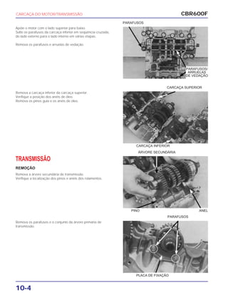 CBR600F
10-4
Apóie o motor com o lado superior para baixo.
Solte os parafusos da carcaça inferior em seqüência cruzada,
do lado externo para o lado interno em várias etapas.
Remova os parafusos e arruelas de vedação.
Remova a carcaça inferior da carcaça superior.
Verifique a posição dos anéis de óleo.
Remova os pinos guia e os anéis de óleo.
TRANSMISSÃO
REMOÇÃO
Remova a árvore secundária de transmissão.
Verifique a localização dos pinos e anéis dos rolamentos.
Remova os parafusos e o conjunto da árvore primária de
transmissão.
CARCAÇA DO MOTOR/TRANSMISSÃO
PARAFUSOS
CARCAÇA INFERIOR
ÁRVORE SECUNDÁRIA
CARCAÇA SUPERIOR
PINO ANEL
PARAFUSOS
PLACA DE FIXAÇÃO
PARAFUSOS/
ARRUELAS
DE VEDAÇÃO
 