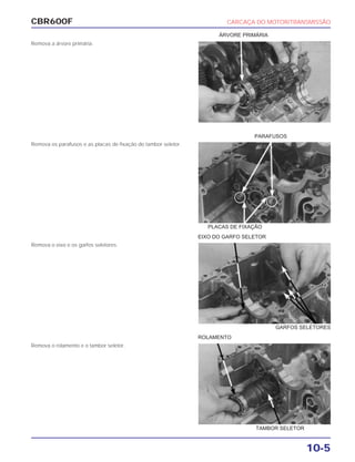 CBR600F CARCAÇA DO MOTOR/TRANSMISSÃO
10-5
Remova a árvore primária.
Remova os parafusos e as placas de fixação do tambor seletor.
Remova o eixo e os garfos seletores.
Remova o rolamento e o tambor seletor.
PLACAS DE FIXAÇÃO
EIXO DO GARFO SELETOR
GARFOS SELETORES
ROLAMENTO
ÁRVORE PRIMÁRIA
TAMBOR SELETOR
PARAFUSOS
 