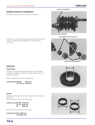 CBR600F
10-6
DESMONTAGEM DA TRANSMISSÃO
Desmonte a árvore primária e a árvore secundária.
Verifique se os rolamentos de agulha da árvore primária e da
árvore secundária estão danificados ou com desgaste
excessivo.
INSPEÇÃO
Engrenagens
Verifique se as engrenagens estão gastas ou danificadas.
Verifique os orifícios e ressaltos de engrenamento quanto a
desgaste ou danos.
Meça o diâmetro interno das engrenagens.
Limite de Uso: M5, M6: 28,04 mm
C2, C3 e C4: 31,04 mm
Buchas
Verifique cada bucha se estão danificadas ou com desgaste
excessivo.
Meça o diâmetro externo de cada bucha.
Limite de uso: M5, M6: 27,94 mm
C3, C4: 30,93 mm
C2: 30,94 mm
Meça o diâmetro interno de cada bucha.
Limite de Uso: M5: 25,016 mm
C2: 28,021 mm
CARCAÇA DO MOTOR/TRANSMISSÃO
ÁRVORE PRIMÁRIA
CAPA DOS ROLAMENTO
ÁRVORE SECUNDÁRIA
ROLAMENTOS DE AGULHA
 