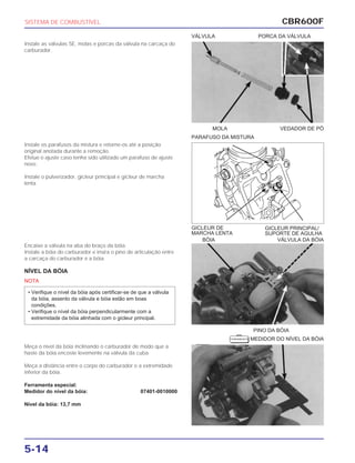 GICLEUR PRINCIPAL/
SUPORTE DE AGULHA
GICLEUR DE
MARCHA LENTA
BÓIA VÁLVULA DA BÓIA
PINO DA BÓIA
MEDIDOR DO NÍVEL DA BÓIA
CBR600F
5-14
Instale as válvulas SE, molas e porcas da válvula na carcaça do
carburador.
Instale os parafusos da mistura e retorne-os até a posição
original anotada durante a remoção.
Efetue o ajuste caso tenha sido utilizado um parafuso de ajuste
novo.
Instale o pulverizador, gicleur principal e gicleur de marcha
lenta.
Encaixe a válvula na aba do braço da bóia.
Instale a bóia do carburador e insira o pino de articulação entre
a carcaça do carburador e a bóia.
NÍVEL DA BÓIA
NOTA
• Verifique o nível da bóia após certificar-se de que a válvula
da bóia, assento da válvula e bóia estão em boas
condições.
• Verifique o nível da bóia perpendicularmente com a
extremidade da bóia alinhada com o gicleur principal.
Meça o nível da bóia inclinando o carburador de modo que a
haste da bóia encoste levemente na válvula da cuba.
Meça a distância entre o corpo do carburador e a extremidade
inferior da bóia.
Ferramenta especial:
Medidor do nível da bóia: 07401-0010000
Nível da bóia: 13,7 mm
SISTEMA DE COMBUSTÍVEL
MOLA VEDADOR DE PÓ
PARAFUSO DA MISTURA
VÁLVULA PORCA DA VÁLVULA
F E R R A M E N TA
 