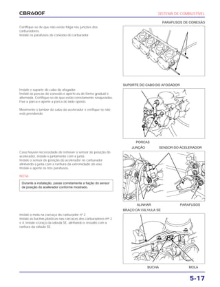 CBR600F SISTEMA DE COMBUSTÍVEL
5-17
Certifique-se de que não existe folga nas junções dos
carburadores.
Instale os parafusos de conexão do carburador.
Instale o suporte do cabo do afogador.
Instale as porcas de conexão e aperte-as de forma gradual e
alternada. Certifique-se de que estão corretamente rosqueadas.
Fixe a porca e aperte a porca do lado oposto.
Movimente o tambor do cabo do acelerador e verifique se não
está prendendo.
Caso houver necessidade de remover o sensor de posição do
acelerador, instale-o juntamente com a junta.
Instale o sensor de posição do acelerador no carburador
alinhando a junta com a ranhura da extremidade do eixo.
Instale e aperte os três parafusos.
NOTA
Durante a instalação, passe corretamente a fiação do sensor
de posição do acelerador conforme mostrado.
Instale a mola na carcaça do carburador nº 2.
Instale as buchas plásticas nas carcaças dos carburadores nos
2
e 4. Instale o braço da válvula SE, alinhando o ressalto com a
ranhura da válvula SE.
PORCAS
JUNÇÃO SENSOR DO ACELERADOR
ALINHAR PARAFUSOS
BUCHA MOLA
BRAÇO DA VÁLVULA SE
SUPORTE DO CABO DO AFOGADOR
PARAFUSOS DE CONEXÃO
 