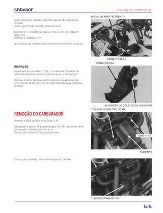CBR600F SISTEMA DE COMBUSTÍVEL
5-5
Solte a borracha do lado esquerdo superior do radiador do
ressalto.
Solte o gancho do bocal de abastecimento.
Movimente o radiador para baixo e fixe-o com um barbante
(pág. 8-5).
Remova o conduto D.A.I.
A instalação do radiador é o procedimento inverso da remoção.
INSPEÇÃO
Inspecione se o conduto “D.A.I.” e a extensão do coletor de
admissão apresenta sinais de deterioração ou obstruções.
Remova insetos, barro ou outros materiais que podem estar
ocasionando obstrução com ar comprimido ou água sob baixa
pressão.
REMOÇÃO DO CARBURADOR
Remova a base do filtro de ar (pág. 5-4).
Desacople o tubo nº 15 (somente tipos SW, AR) da câmara de ar.
Desacople o tubo do sub-filtro de ar.
Desacople o tubo nº 6 da junção do tubo.
Desacople o tubo de combustível da junção do tubo.
EXTENSÃO DO COLETOR DE ADMISSÃO
TUBO DO SUB-FILTRO DE AR
TUBO Nº 6
TUBO DE COMBUSTÍVEL
CONDUTO D.A.I.
CONDUTO D.A.I.
BOCAL DE ABASTECIMENTO
TUBO Nº 15
 