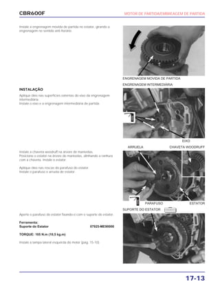 CBR600F MOTOR DE PARTIDA/EMBREAGEM DE PARTIDA
17-13
Instale a engrenagem movida de partida no estator, girando a
engrenagem no sentido anti-horário.
INSTALAÇÃO
Aplique óleo nas superfícies externas do eixo da engrenagem
intermediária.
Instale o eixo e a engrenagem intermediária de partida.
Instale a chaveta woodruff na árvore de manivelas.
Posicione o estator na árvore de manivelas, alinhando a ranhura
com a chaveta. Instale o estator.
Aplique óleo nas roscas do parafuso do estator.
Instale o parafuso e arruela de estator.
Aperte o parafuso do estator fixando-o com o suporte do estator.
Ferramenta:
Suporte do Estator 07925-ME90000
TORQUE: 105 N.m (10,5 kg.m)
Instale a tampa lateral esquerda do motor (pág. 15-10).
EIXO
ARRUELA CHAVETA WOODRUFF
PARAFUSO ESTATOR
SUPORTE DO ESTATOR
ENGRENAGEM MOVIDA DE PARTIDA
ENGRENAGEM INTERMEDIÁRIA
ÓLEO
ÓLEO
F E R R A M E N TA
 