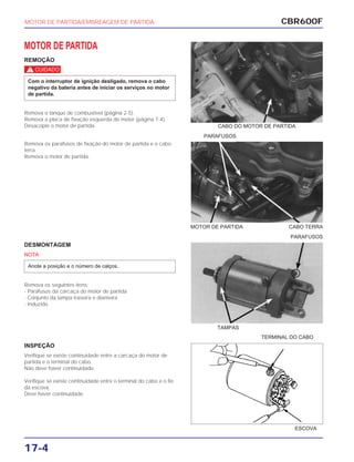 CBR600F
17-4
MOTOR DE PARTIDA
REMOÇÃO
c
Remova o tanque de combustível (página 2-5).
Remova a placa de fixação esquerda do motor (página 7-4).
Desacople o motor de partida.
Com o interruptor de ignição desligado, remova o cabo
negativo da bateria antes de iniciar os serviços no motor
de partida.
Remova os parafusos de fixação do motor de partida e o cabo
terra.
Remova o motor de partida.
DESMONTAGEM
NOTA
Remova os seguintes itens:
- Parafusos da carcaça do motor de partida
- Conjunto da tampa traseira e dianteira
- Induzido
Anote a posição e o número de calços.
INSPEÇÃO
Verifique se existe continuidade entre a carcaça do motor de
partida e o terminal do cabo.
Não deve haver continuidade.
Verifique se existe continuidade entre o terminal do cabo e o fio
da escova.
Deve haver continuidade.
MOTOR DE PARTIDA/EMBREAGEM DE PARTIDA
MOTOR DE PARTIDA CABO TERRA
PARAFUSOS
CABO DO MOTOR DE PARTIDA
PARAFUSOS
TAMPAS
TERMINAL DO CABO
ESCOVA
 