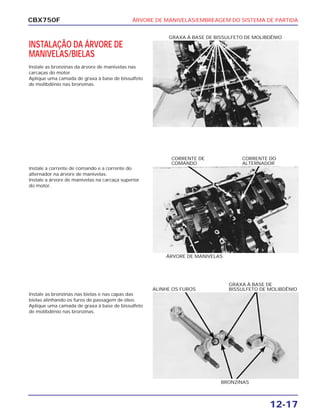 ÁRVORE DE MANIVELAS/EMBREAGEM DO SISTEMA DE PARTIDA
12-17
CBX750F
INSTALAÇÃO DA ÁRVORE DE
MANIVELAS/BIELAS
Instale as bronzinas da árvore de manivelas nas
carcaças do motor.
Aplique uma camada de graxa à base de bissulfeto
de molibdênio nas bronzinas.
GRAXA À BASE DE BISSULFETO DE MOLIBDÊNIO
Instale a corrente de comando e a corrente do
alternador na árvore de manivelas.
Instale a árvore de manivelas na carcaça superior
do motor.
ÁRVORE DE MANIVELAS
CORRENTE DE
COMANDO
CORRENTE DO
ALTERNADOR
Instale as bronzinas nas bielas e nas capas das
bielas alinhando os furos de passagem de óleo.
Aplique uma camada de graxa à base de bissulfeto
de molibdênio nas bronzinas.
BRONZINAS
ALINHE OS FUROS
GRAXA À BASE DE
BISSULFETO DE MOLIBDÊNIO
 