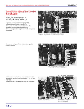 ÁRVORE DE MANIVELAS/EMBREAGEM DO SISTEMA DE PARTIDA
12-2
EMBREAGEM DE PARTIDA/EIXO DO
ALTERNADOR
REMOÇÃO DA EMBREAGEM DE
PARTIDA/EIXO DO ALTERNADOR
Separe as carcaças do motor (pág. 10-2).
Remova a transmissão (capítulo 11).
Remova o tensor da corrente do alternador
retirando os dois parafusos e a porca.
Remova o espaçador do prisioneiro de fixação do
alternador.
CBX750F
TENSOR DA CORRENTE DO ALTERNADOR
Remova os dois parafusos Allen e a tampa da
câmara de óleo.
TAMPA DA CÂMARA DE ÓLEO
Instale provisoriamente os rotores do alternador e
prenda-os com o fixador universal (F.E. nº. 07725-
0030000).
Remova a porca de fixação do eixo do alternador.
PORCA DE FIXAÇÃO FIXADOR UNIVERSAL
(07725-0030000)
ROTOR DO ALTERNADOR
 