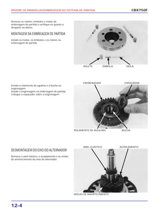 ÁRVORE DE MANIVELAS/EMBREAGEM DO SISTEMA DE PARTIDA
12-4
Remova os roletes, êmbolos e molas da
embreagem de partida e verifique-os quanto a
desgaste ou danos.
MONTAGEM DA EMBREAGEM DE PARTIDA
Instale as molas, os êmbolos e os roletes na
embreagem de partida.
CBX750F
ROLETE ÊMBOLO MOLA
Instale o rolamento de agulhas e a bucha na
engrenagem.
Instale a engrenagem na embreagem de partida.
Coloque o espaçador sobre a engrenagem.
ROLAMENTO DE AGULHAS BUCHA
ENGRENAGEM ESPAÇADOR
DESMONTAGEM DO EIXO DO ALTERNADOR
Remova o anel elástico, o acoplamento e as molas
de amortecimento do eixo do alternador.
MOLAS DE AMORTECIMENTO
ANEL ELÁSTICO ACOPLAMENTO
 
