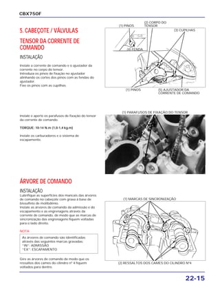22-15
CBX750F
5. CABEÇOTE / VÁLVULAS
TENSOR DA CORRENTE DE
COMANDO
INSTALAÇÃO
Instale a corrente de comando e o ajustador da
corrente no corpo do tensor.
Introduza os pinos de fixação no ajustador
alinhando os cortes dos pinos com as fendas do
ajustador.
Fixe os pinos com as cupilhas.
(1) PINOS (5) AJUSTADOR DA
CORRENTE DE COMANDO
(1) PINOS
(2) CORPO DO
TENSOR
(4) FENDA
(3) CUPILHAS
Instale e aperte os parafusos de fixação do tensor
da corrente de comando.
TORQUE: 10-14 N.m (1,0-1,4 kg.m)
Instale os carburadores e o sistema de
escapamento.
(1) PARAFUSOS DE FIXAÇÃO DO TENSOR
ÁRVORE DE COMANDO
INSTALAÇÃO
Lubrifique as superfícies dos mancais das árvores
de comando no cabeçote com graxa à base de
bissulfeto de molibdênio.
Instale as árvores de comando da admissão e do
escapamento e as engrenagens através da
corrente de comando, de modo que as marcas de
sincronização das engrenagens fiquem voltadas
para o lado direito.
NOTA
Gire as árvores de comando de modo que os
ressaltos dos cames do cilindro nº 4 fiquem
voltados para dentro.
As árvores de comando são identificadas
através das seguintes marcas gravadas:
“IN”: ADMISSÃO
“EX”: ESCAPAMENTO
(2) RESSALTOS DOS CAMES DO CILINDRO Nº4
(1) MARCAS DE SINCRONIZAÇÃO
 