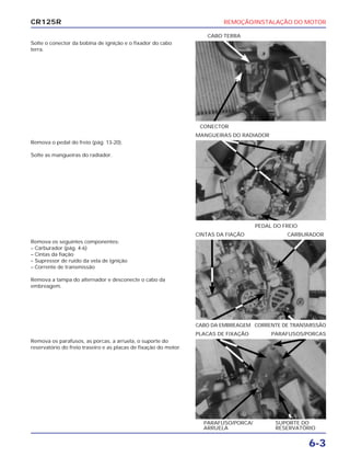 REMOÇÃO/INSTALAÇÃO DO MOTOR
6-3
CR125R
Solte o conector da bobina de ignição e o fixador do cabo
terra.
Remova os seguintes componentes:
– Carburador (pág. 4-6)
– Cintas da fiação
– Supressor de ruído da vela de ignição
– Corrente de transmissão
Remova a tampa do alternador e desconecte o cabo da
embreagem.
Remova os parafusos, as porcas, a arruela, o suporte do
reservatório do freio traseiro e as placas de fixação do motor.
Remova o pedal do freio (pág. 13-20).
Solte as mangueiras do radiador.
CONECTOR
CABO TERRA
CABO DA EMBREAGEM CORRENTE DE TRANSMISSÃO
CINTAS DA FIAÇÃO CARBURADOR
PARAFUSO/PORCA/ SUPORTE DO
ARRUELA RESERVATÓRIO
PLACAS DE FIXAÇÃO PARAFUSOS/PORCAS
PEDAL DO FREIO
MANGUEIRAS DO RADIADOR
 