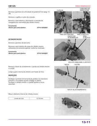 FREIO HIDRÁULICO
13-11
Remova o parafuso de articulação do pedal do freio (pág. 13-
20).
Remova a cupilha e o pino da conexão.
Remova o anel elástico e desconecte a conexão da
mangueira do reservatório do cilindro mestre.
Ferramenta:
Alicate para anel elástico 07914-SA50001
PINO DA CONEXÃO ANEL ELÁSTICO
CONEXÃO DA
CUPILHA MANGUEIRA
Remova a haste de acionamento, o pistão do cilindro mestre
e a mola.
Limpe a parte interna do cilindro com fluido de freio.
INSPEÇÃO
Verifique o protetor de borracha do pistão e os retentores
primário e secundário quanto a fadiga ou danos.
Verifique o cilindro mestre e o pistão quanto a riscos
anormais.
HASTE DE ACIONAMENTO
MOLA PISTÃO
Meça o diâmetro interno do cilindro mestre.
Limite de Uso 12,76 mm
DESMONTAGEM
Remova o protetor de borracha.
Remova o anel elástico do corpo do cilindro mestre
utilizando a ferramenta especial, conforme mostrado.
Ferramenta:
Alicate para anel elástico 07914-SA50001
ALICATE PARA ANEL ELÁSTICO
PROTETOR ANEL
DE BORRACHA ELÁSTICO
CR125
 