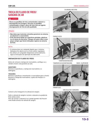 FREIO HIDRÁULICO
13-3
TROCA DO FLUIDO DE FREIO/
SANGRIA DE AR
c
a
NOTA
DRENAGEM DO FLUIDO DE FREIO
Antes de remover a tampa do reservatório, verifique se o
cilindro mestre está paralelo ao solo.
DIANTEIRO:
Remova os parafusos, a tampa do reservatório e o
diafragma.
TRASEIRO:
Remova o parafuso e movimente o reservatório para a frente.
Remova a tampa do reservatório, a placa de fixação e o
diafragma.
• O sistema deve ser sangrado depois que o sistema
hidráulico for aberto ou se o freio estiver esponjoso.
• Ao utilizar um sangrador disponível comercialmente,
siga as instruções de operação do fabricante.
• Não deixe que materiais estranhos penetrem no sistema
ao abastecer o reservatório.
• Evite derramar fluido em superfícies pintadas, plásticas
ou em peças de borracha. Coloque um pano sobre essas
peças sempre que forem efetuados reparos no sistema
de freio.
Discos ou pastilhas de freio contaminados reduzem o
desempenho de frenagem. Descarte as pastilhas
contaminadas e limpe o disco de freio com um agente
desengraxante de freio de alta qualidade.
CILINDRO MESTRE
PARAFUSO
TAMPA/PLACA/DIAFRAGMA NÍVEL SUPERIOR
Conecte uma mangueira na válvula de sangria.
Solte a válvula de sangria e acione a alavanca ou pedal do
freio várias vezes.
Pare de acionar a alavanca ou o pedal quando não houver
mais fluido através da válvula de sangria.
VÁLVULA DE SANGRIA
TAMPA/DIAFRAGMA
PARAFUSOS
CR125
NÍVEL SUPERIOR
 